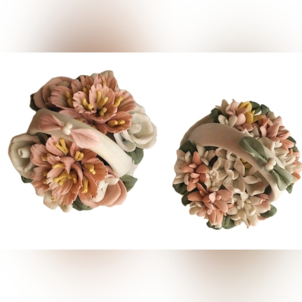 Vintage Small Ceramic Baskets (2) Delicate Colorful Flowers, Handle, Decorative - Picture 2 of 12